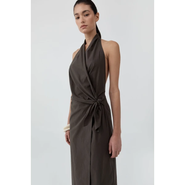 St. Agni Halter Wrap Backless Dress in Wood, view 3
