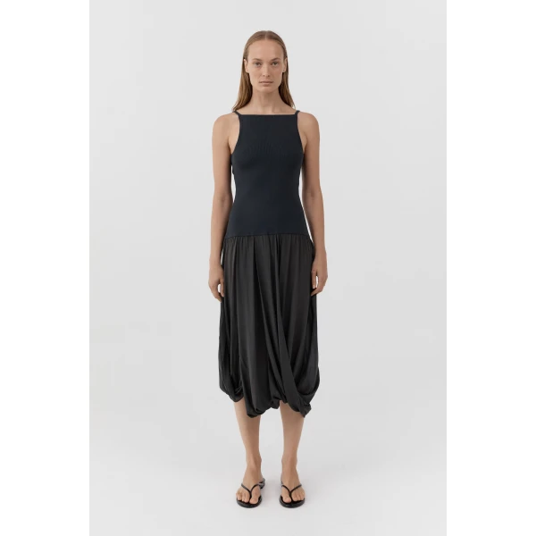 St. Agni Knit Bodice Sheer Drape Dress in Magnet, view 2