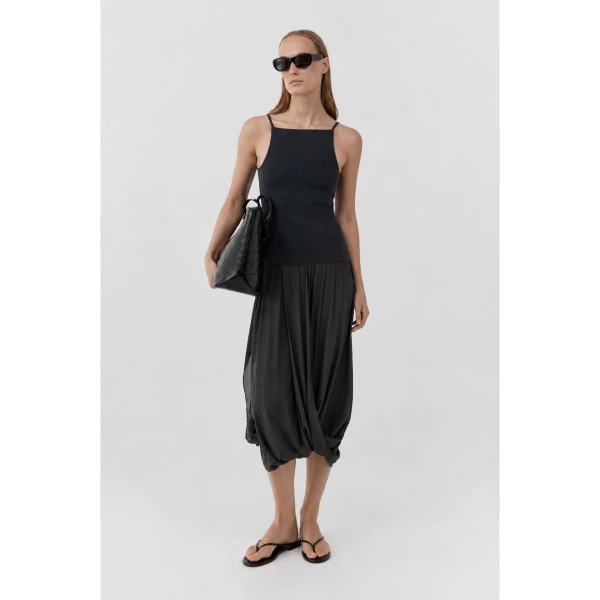 St. Agni Knit Bodice Sheer Drape Dress in Magnet, view 3