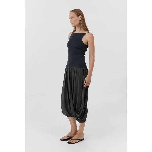 St. Agni Knit Bodice Sheer Drape Dress in Magnet, view 4