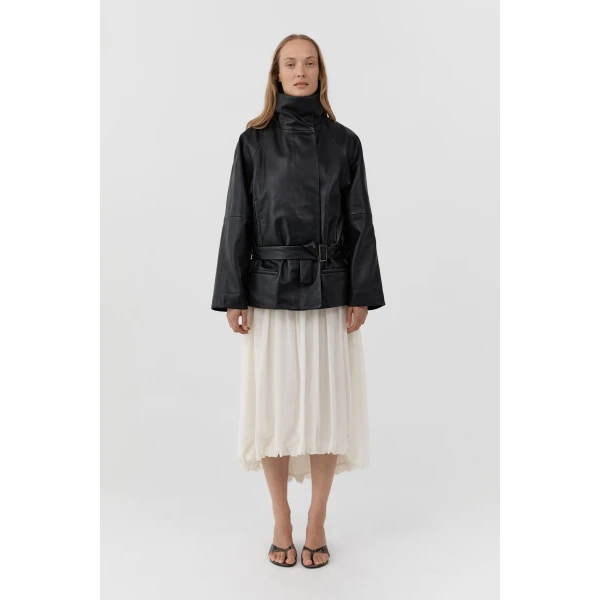 St. Agni Leather Cinch Jacket in Black, view 2