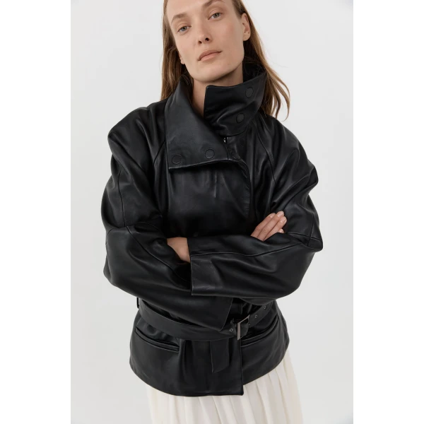 St. Agni Leather Cinch Jacket in Black, view 3