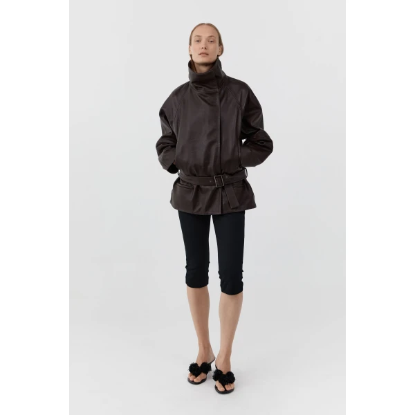 St. Agni Leather Cinch Jacket in Chocolate, view 2
