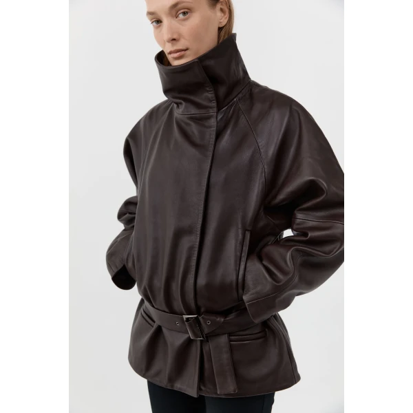 St. Agni Leather Cinch Jacket in Chocolate, view 3