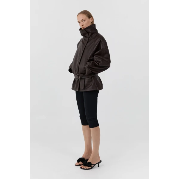 St. Agni Leather Cinch Jacket in Chocolate, view 4