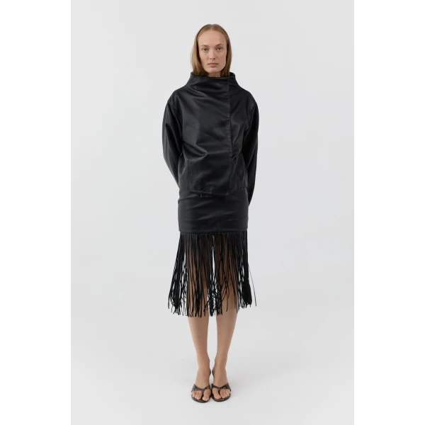 St. Agni Leather Cocoon Funnel Neck Jacket in Black, view 2