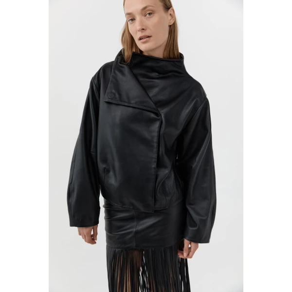 St. Agni Leather Cocoon Funnel Neck Jacket in Black, view 3