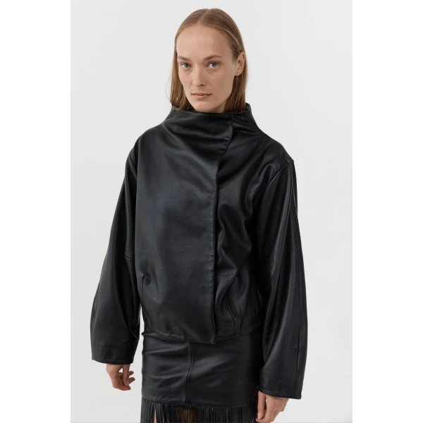 St. Agni Leather Cocoon Funnel Neck Jacket in Black, view 6