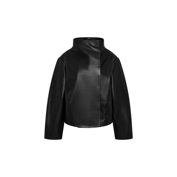 St. Agni Leather Cocoon Funnel Neck Jacket in Black