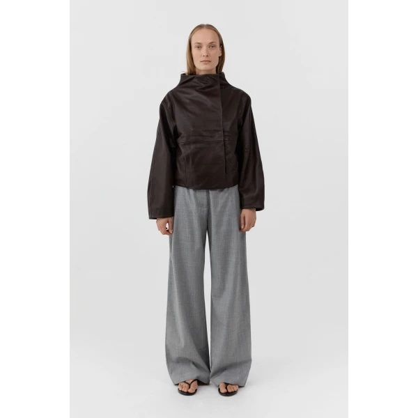 St. Agni Leather Cocoon Funnel Neck Jacket in Chocolate, view 2