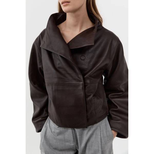 St. Agni Leather Cocoon Funnel Neck Jacket in Chocolate, view 3