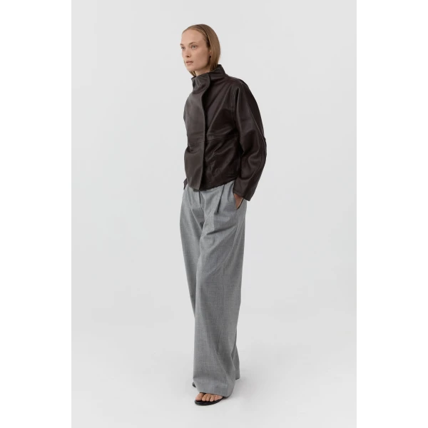 St. Agni Leather Cocoon Funnel Neck Jacket in Chocolate, view 4