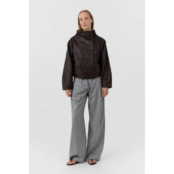 St. Agni Leather Cocoon Funnel Neck Jacket in Chocolate, view 6