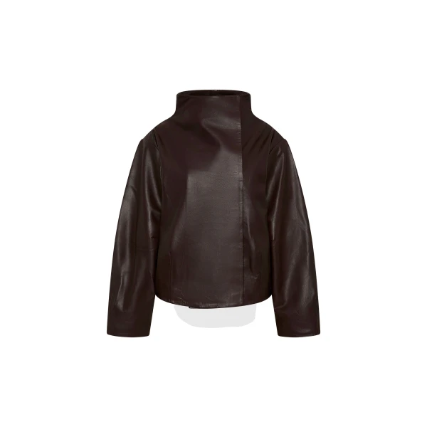 St. Agni Leather Cocoon Funnel Neck Jacket in Chocolate