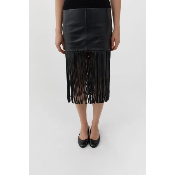 St. Agni Leather Fringe Skirt in Black, view 3