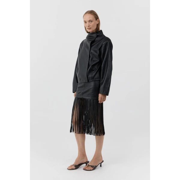 St. Agni Leather Fringe Skirt in Black, view 4