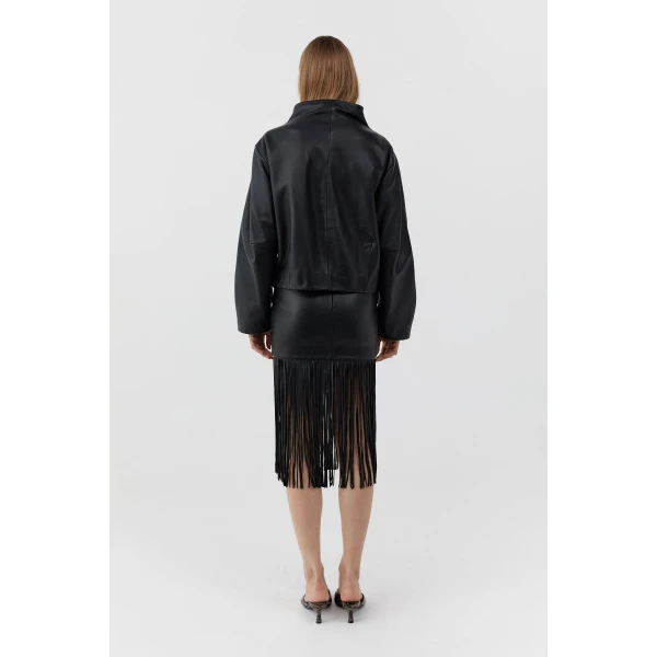 St. Agni Leather Fringe Skirt in Black, view 5