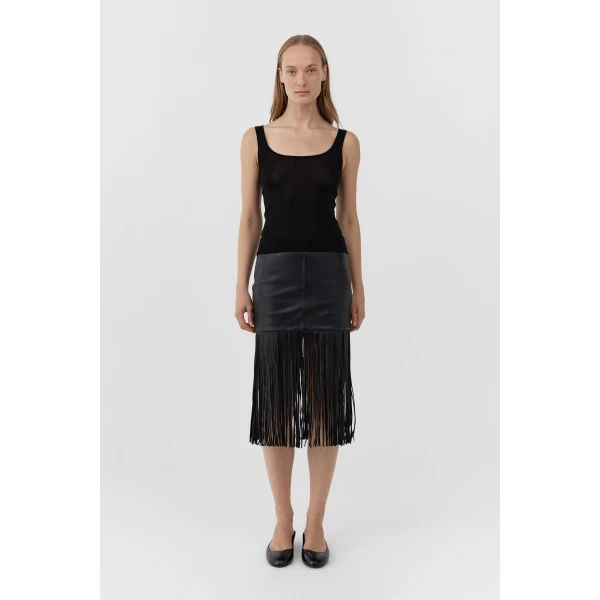 St. Agni Leather Fringe Skirt in Black, view 6
