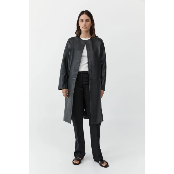 St. Agni Leather Minimal Coat in Black, view 2