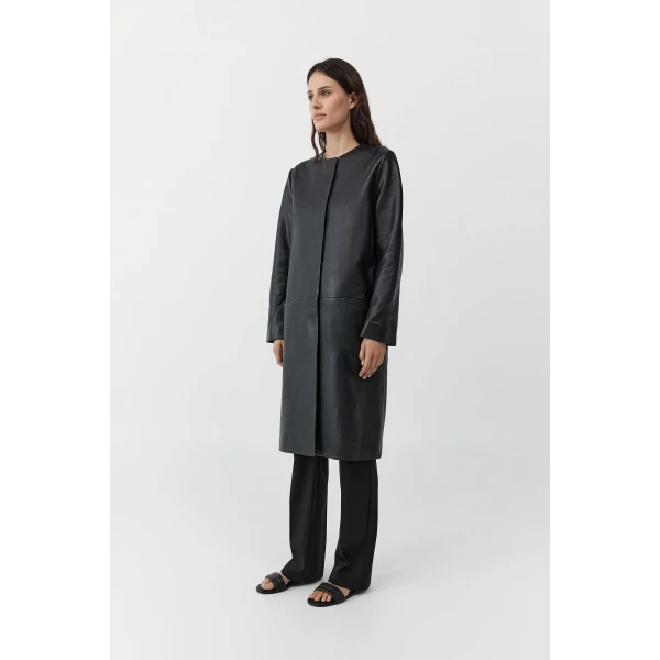 St. Agni Leather Minimal Coat in Black, view 3