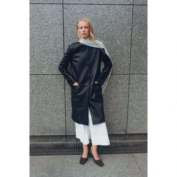 St. Agni Leather Minimal Coat in Black, view 5