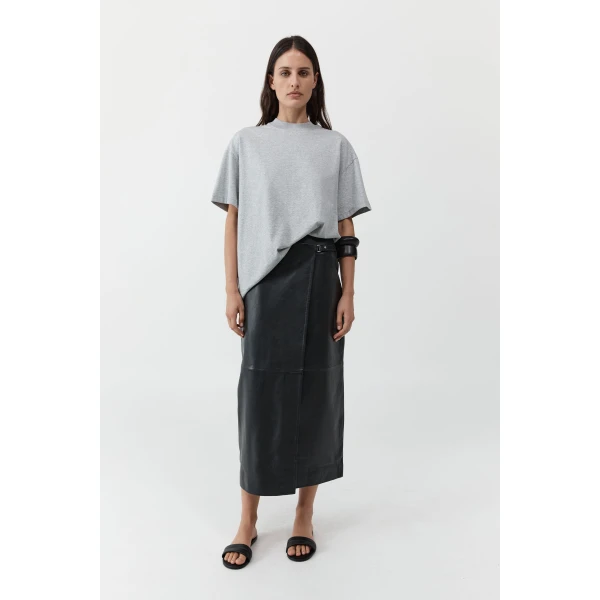 St. Agni Leather Wrap Skirt in Black, view 2