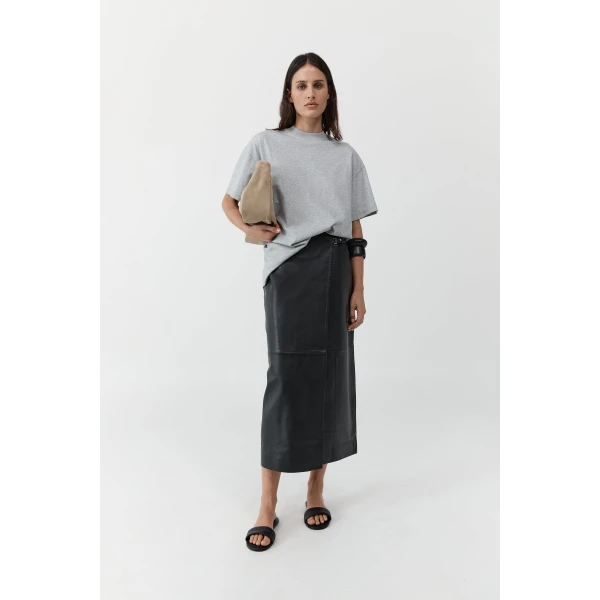 St. Agni Leather Wrap Skirt in Black, view 3
