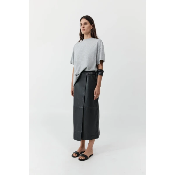 St. Agni Leather Wrap Skirt in Black, view 4