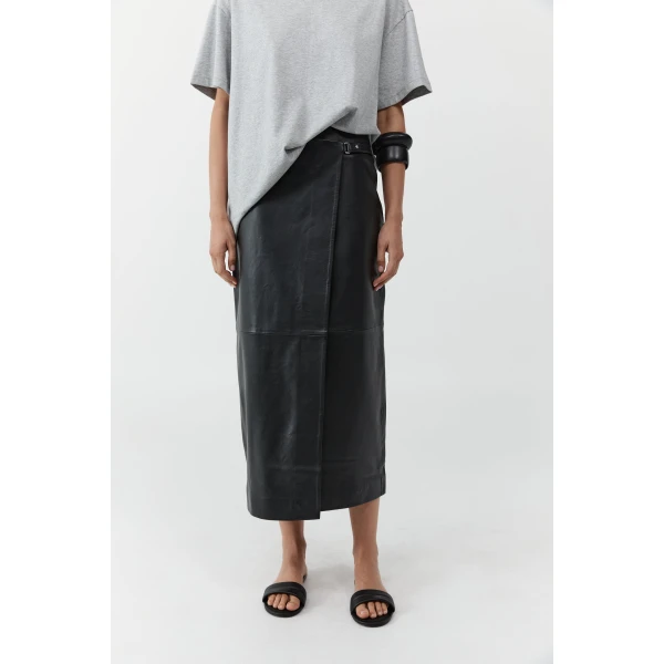 St. Agni Leather Wrap Skirt in Black, view 6