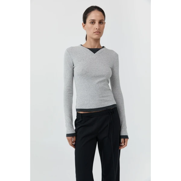 St. Agni Organic Cotton V Neck Long Sleeve Top in Grey Marle, view 2