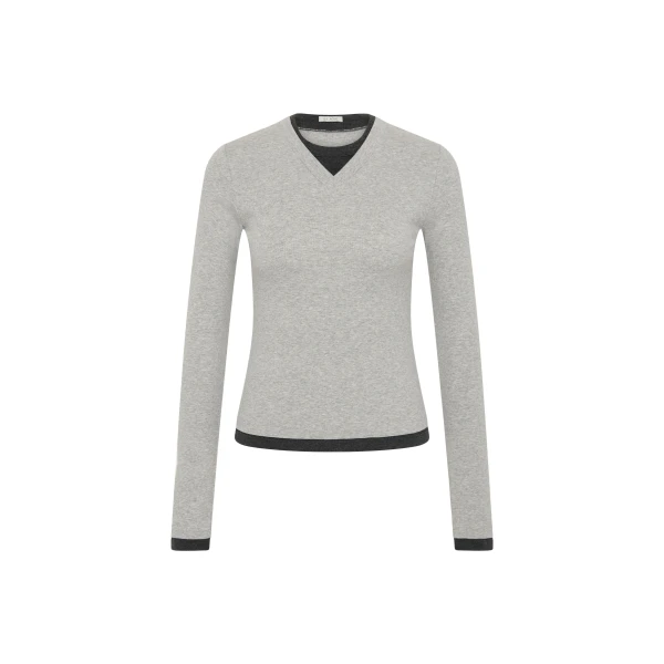 St. Agni Organic Cotton V Neck Long Sleeve Top in Grey Marle