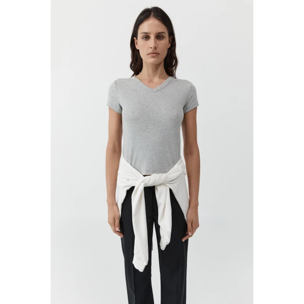 St. Agni Organic Cotton V Neck Tee in Grey Marle, view 2