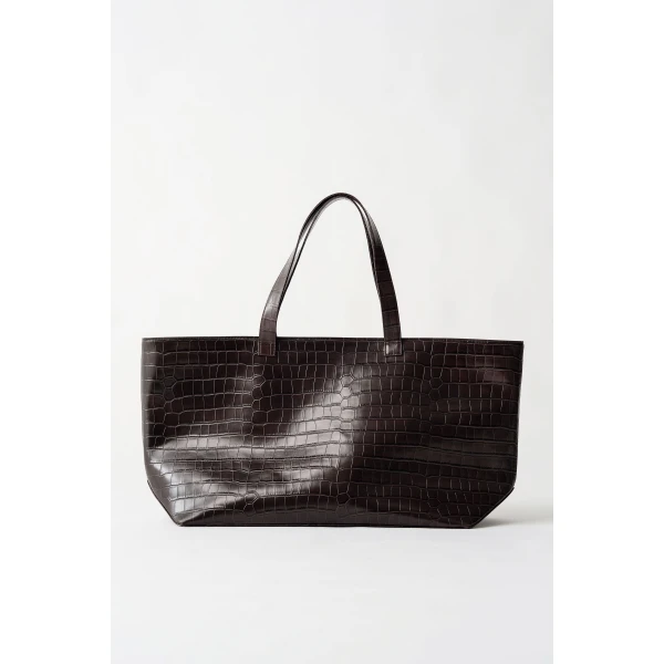 St. Agni Oversized Carryall Tote in Croc Embossed Coffee, view 2