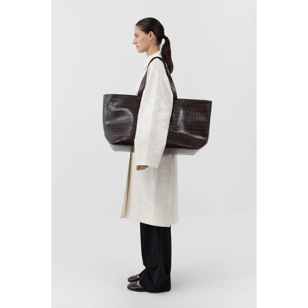 St. Agni Oversized Carryall Tote in Croc Embossed Coffee, view 3