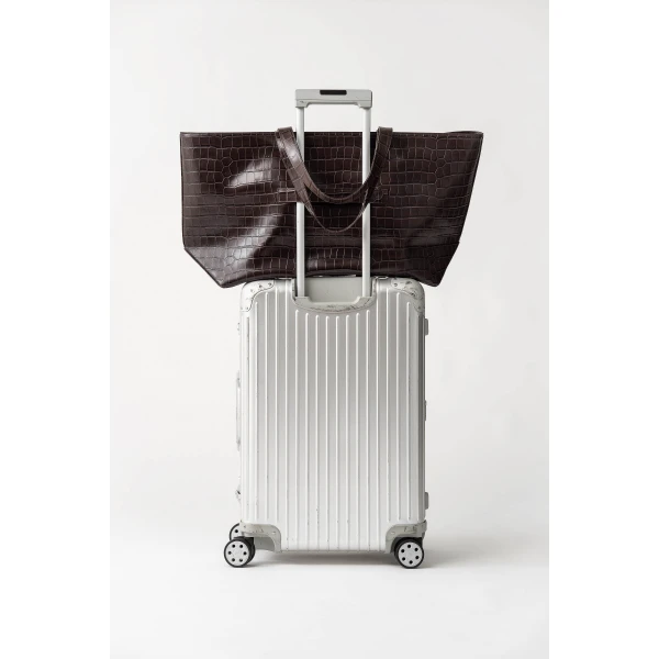St. Agni Oversized Carryall Tote in Croc Embossed Coffee, view 5