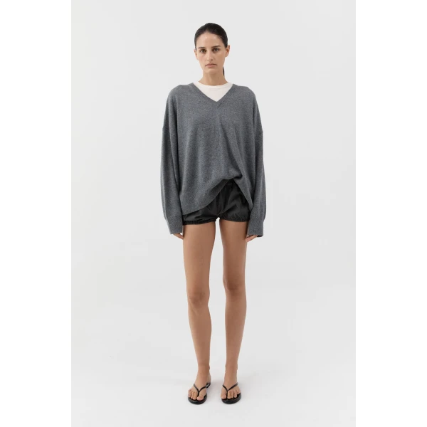 St. Agni Paper Taffeta Petite Shorts in Dark Vetiver, view 2