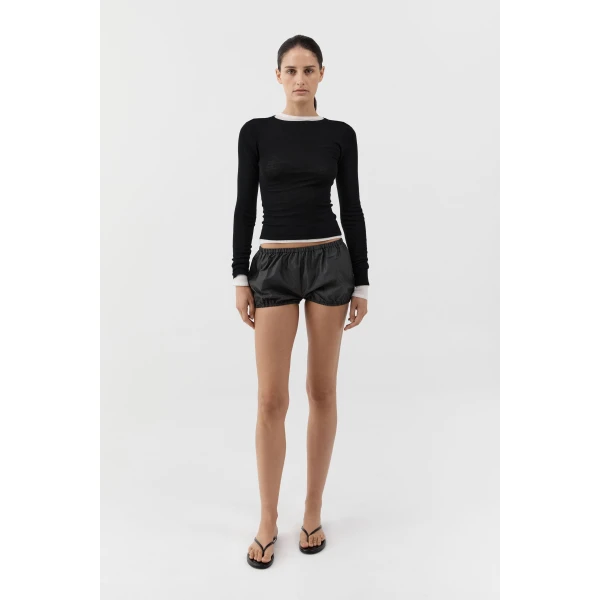 St. Agni Paper Taffeta Petite Shorts in Dark Vetiver, view 4
