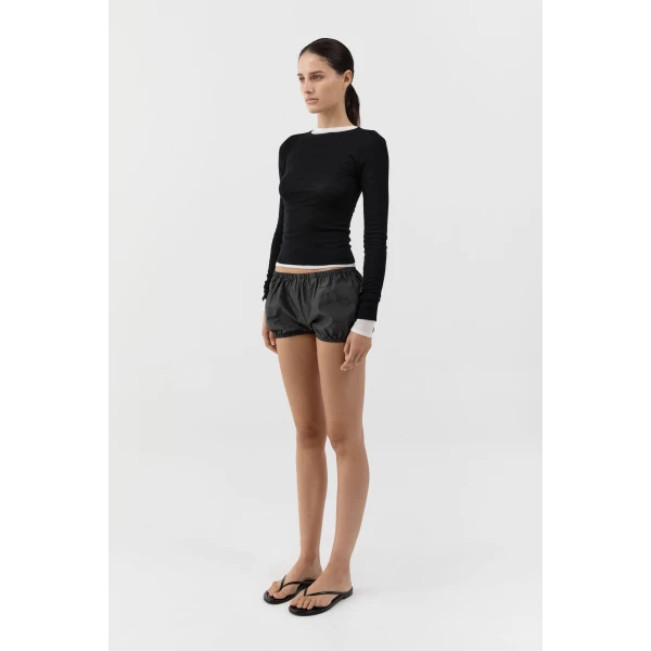 St. Agni Paper Taffeta Petite Shorts in Dark Vetiver, view 6