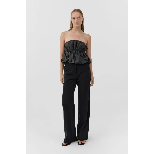 St. Agni Paper Taffeta Strapless Drawstring Top in Dark Vetiver, view 2