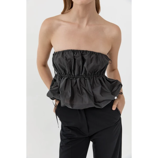 St. Agni Paper Taffeta Strapless Drawstring Top in Dark Vetiver, view 3