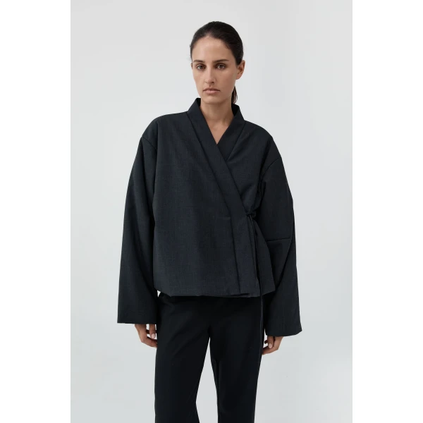 St. Agni Pillow Wool Wrap Jacket in Dark Graphite, view 2
