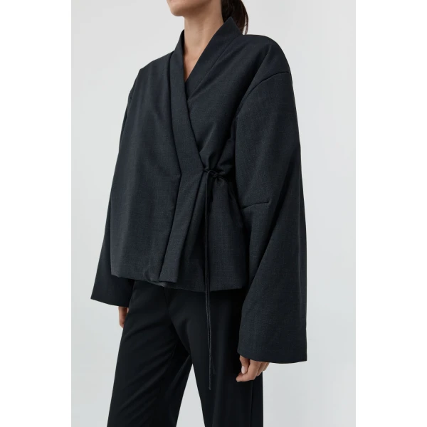 St. Agni Pillow Wool Wrap Jacket in Dark Graphite, view 6