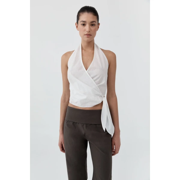 St. Agni Pinstripe Halter Wrap Top in White, view 2