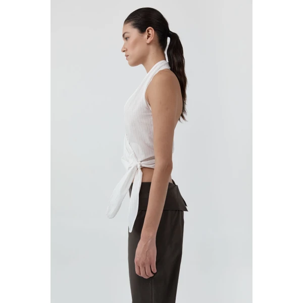 St. Agni Pinstripe Halter Wrap Top in White, view 4