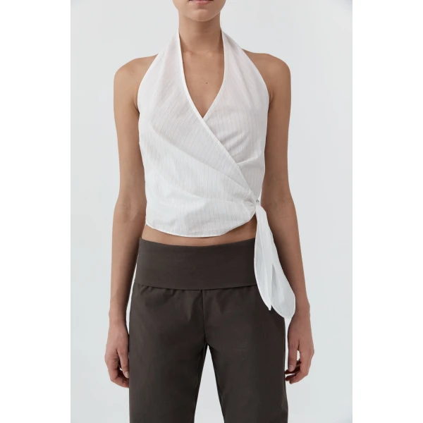 St. Agni Pinstripe Halter Wrap Top in White, view 6