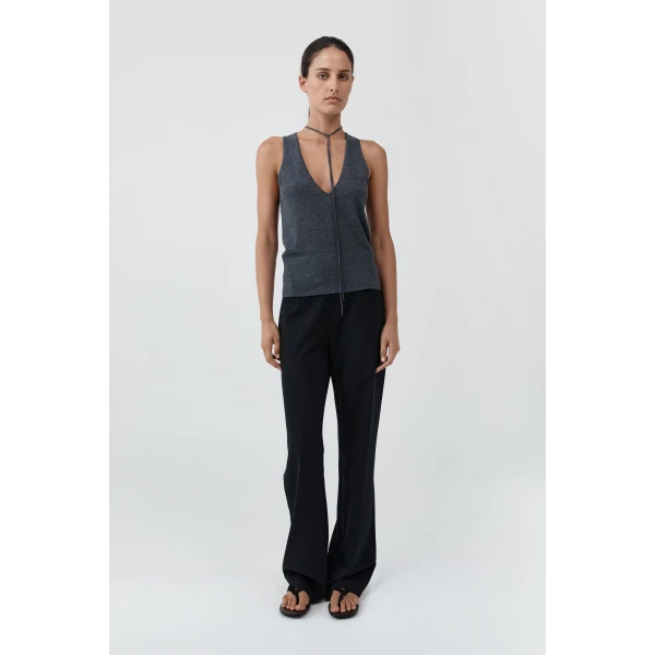 St. Agni Plunge Rouleau Knit Tie Top in Iron Melange, view 2