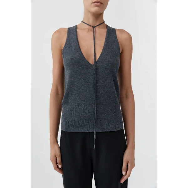 St. Agni Plunge Rouleau Knit Tie Top in Iron Melange, view 3