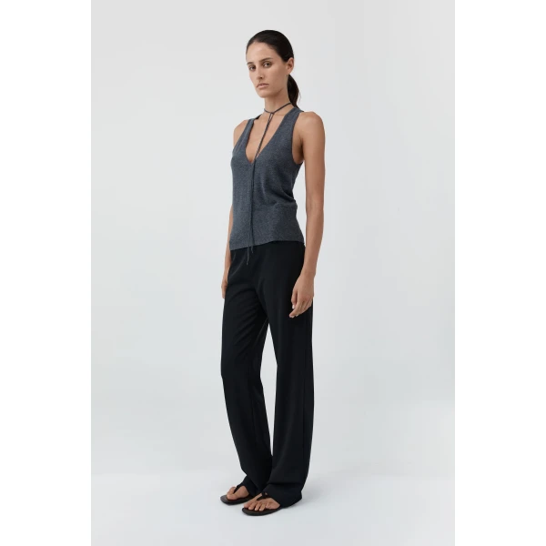 St. Agni Plunge Rouleau Knit Tie Top in Iron Melange, view 4