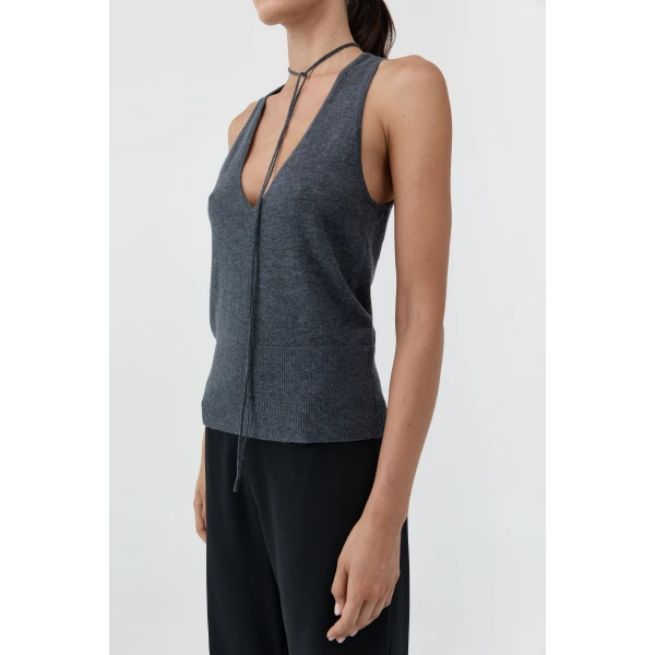 St. Agni Plunge Rouleau Knit Tie Top in Iron Melange, view 6