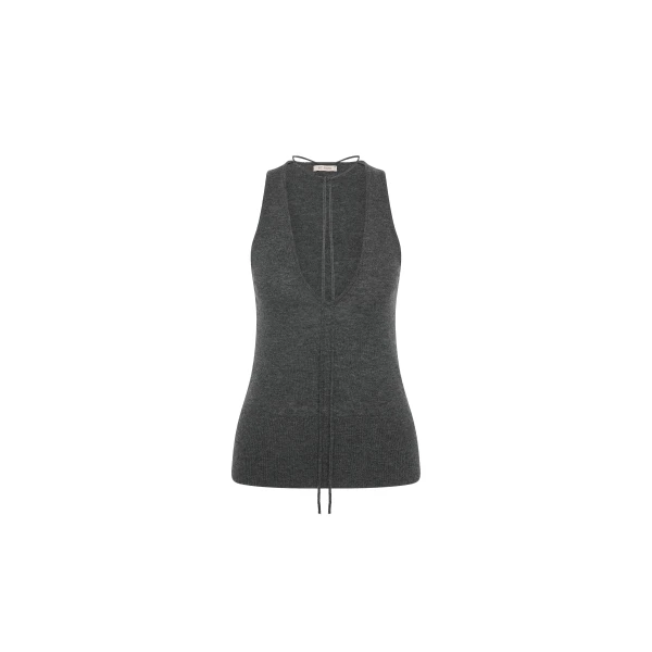 Plunge Rouleau Knit Tie Top in Iron Melange